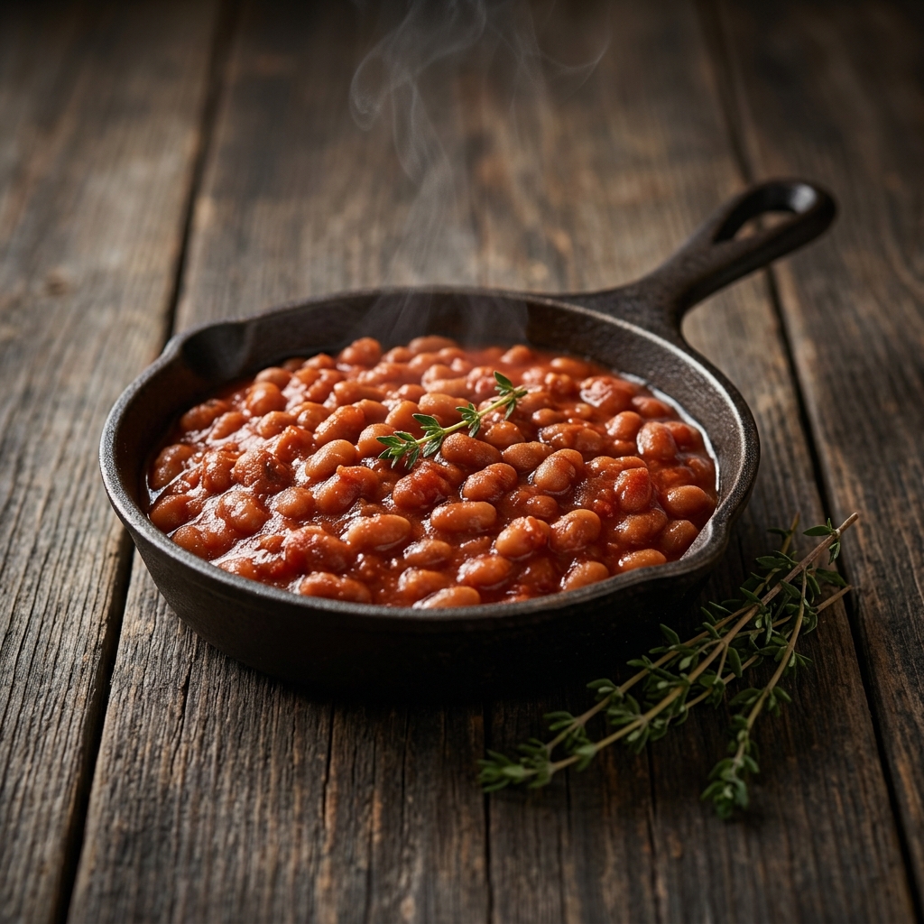 Baked beans in tomato sauce made with cold break tomato paste