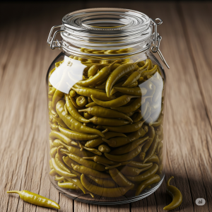 Ultra-realistic and photorealistic image of a very large quantity of slim, whole green preserved pepper pieces, densely packed and filling a tall, clear glass jar with a hinged metal lid. The peppers appear exceptionally fresh and vibrant with a natural, slightly yellowish-green color. The scene is illuminated by soft, natural light, highlighting the intricate textures and the peppers' smooth surfaces. The jar is placed on a rustic wooden table, showcasing highly detailed grain and natural imperfections in the wood. A few individual green peppers are scattered on the wooden surface near the base of the jar. Captured with a high-resolution professional camera, using a macro lens for microscopic detail, controlled studio lighting with precise, nuanced highlights and shadows that perfectly mimic natural light, and an extremely shallow depth of field to emphasize texture and detail, achieving truly unparalleled photorealism and lifelike quality for a high-end professional product shot