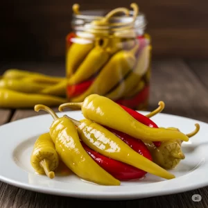This photograph offers a wider view of Macedonian pickled peppers, artfully arranged on a white ceramic plate. The camera angle captures more of the surrounding scene, including a small glass jar of the peppers in the background, adding context to their presentation.