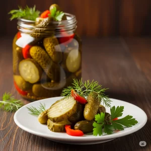 A vibrant assortment of mixed pickles, beautifully presented in a glass jar and on a ceramic plate. This image showcases the variety of flavors and textures in this classic condiment.
