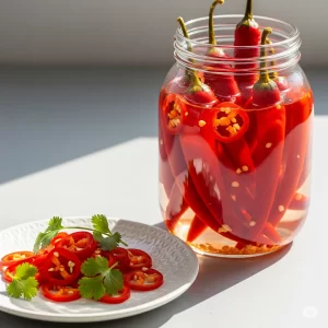 This high-resolution photograph showcases the vibrant red color and glossy texture of these pickled hot chili peppers, with exceptionally clear brine. The strong, direct natural light emphasizes their freshness and makes the pickled appearance very appealing.