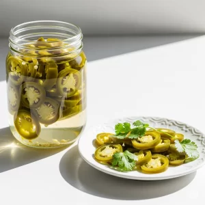 This high-resolution image showcases the vibrant green color and crisp texture of freshly pickled jalapeños. The bright, natural light and clean presentation emphasize their freshness and gourmet appeal.