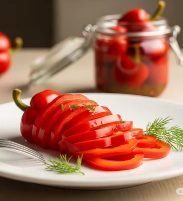 A beautifully styled shot of pickled red bell peppers, thinly sliced, fanned out on a white ceramic plate with a few sprigs of fresh dill. A small, elegant glass Pickles jar of whole pickled peppers in the background, slightly out of focus. Soft, warm lighting, gourmet presentation