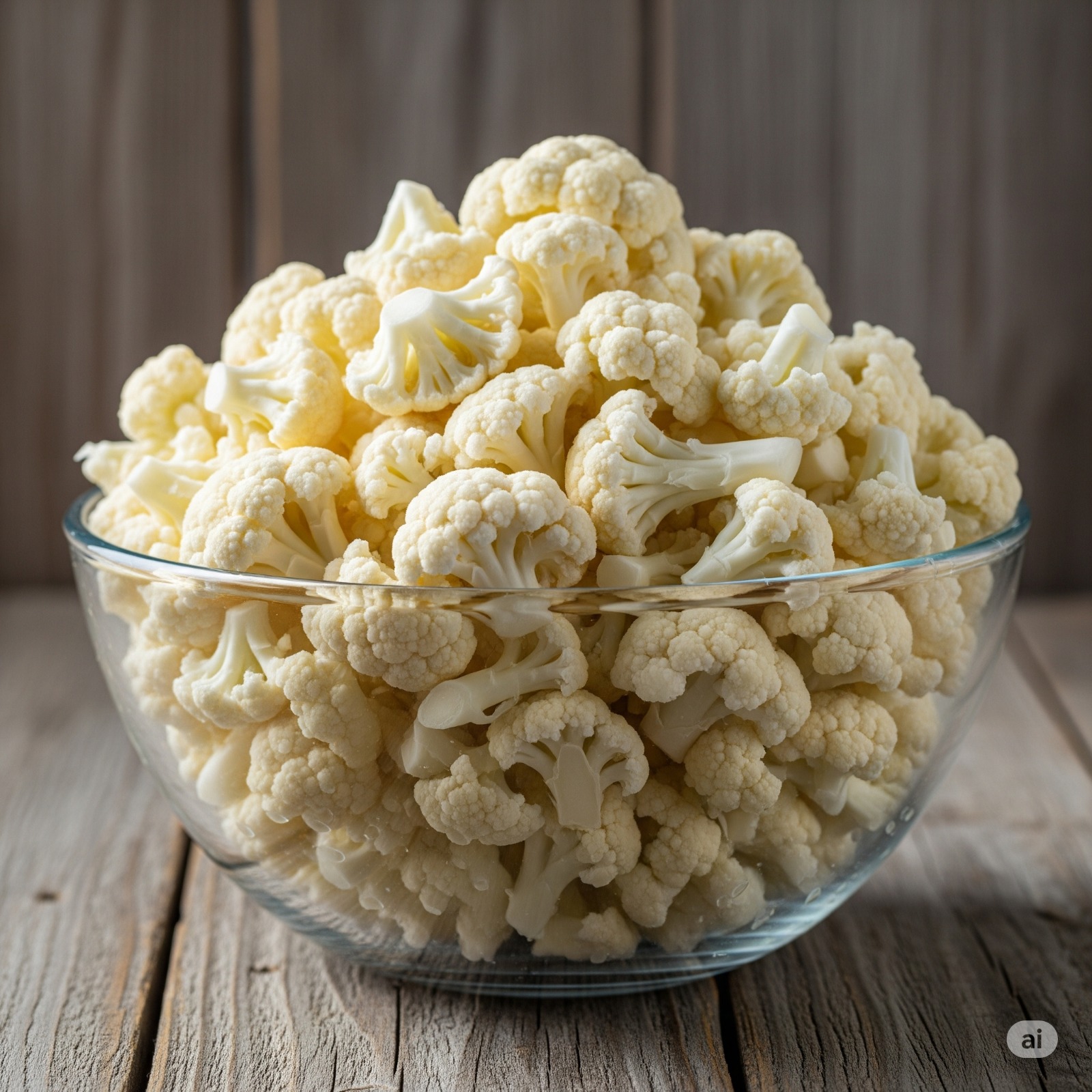 WhatsApp Image 2025-07-01 at 12.51.56 PM Ultra-realistic and photorealistic image of a very large quantity of fresh cauliflower florets, filling and mounding over a clear glass bowl. The cauliflower appears exceptionally clean and vibrant, with minimal to no visible frost. The bowl is placed on a rustic wooden table, showcasing highly detailed grain and natural imperfections. The scene is illuminated by soft, natural, diffused light, creating subtle highlights and emphasizing the intricate textures and natural creamy white color of the cauliflower. Captured with a high-resolution professional camera, using a macro lens for extreme detail, controlled studio lighting with precise highlights and shadows, and a shallow depth of field to emphasize texture and realism, achieving unparalleled lifelike quality
