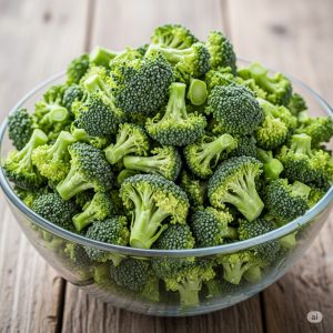 Ultra-realistic and photorealistic image of a very large quantity of fresh, finely chopped broccoli florets filling a clear glass bowl. The broccoli pieces show subtle signs of frost, indicating they are frozen. The bowl rests on a rustic wooden table, featuring highly detailed textures and natural imperfections in the wood grain. The scene is illuminated by soft, natural light, highlighting the vibrant green colors and intricate textures of the broccoli. Captured with a high-resolution professional camera, using a macro lens for extreme detail, controlled studio lighting with precise highlights and shadows, and a shallow depth of field to emphasize texture and realism